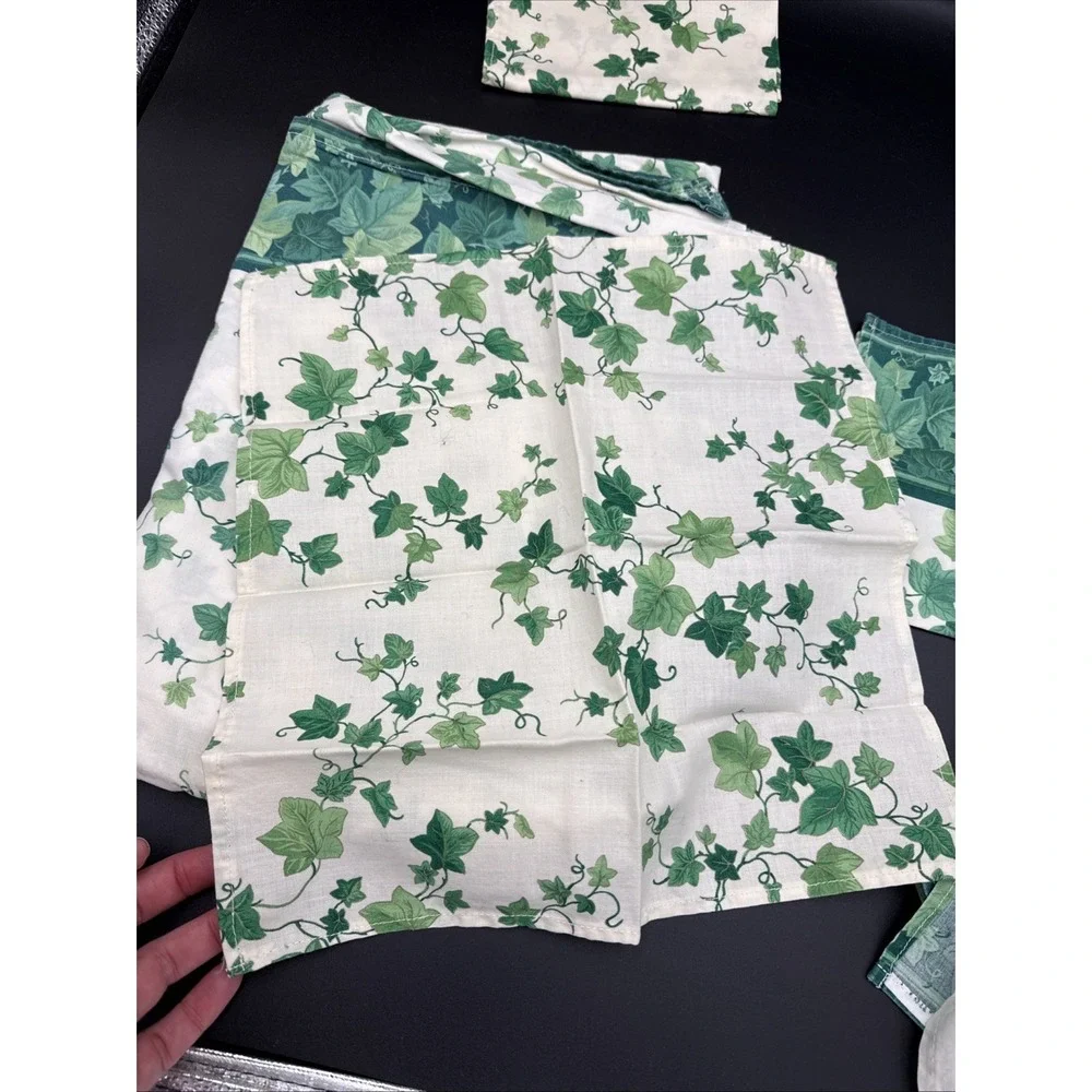 Vintage Tablecloth Repurposed From Twin Sheet, Napkins, Green Ivy